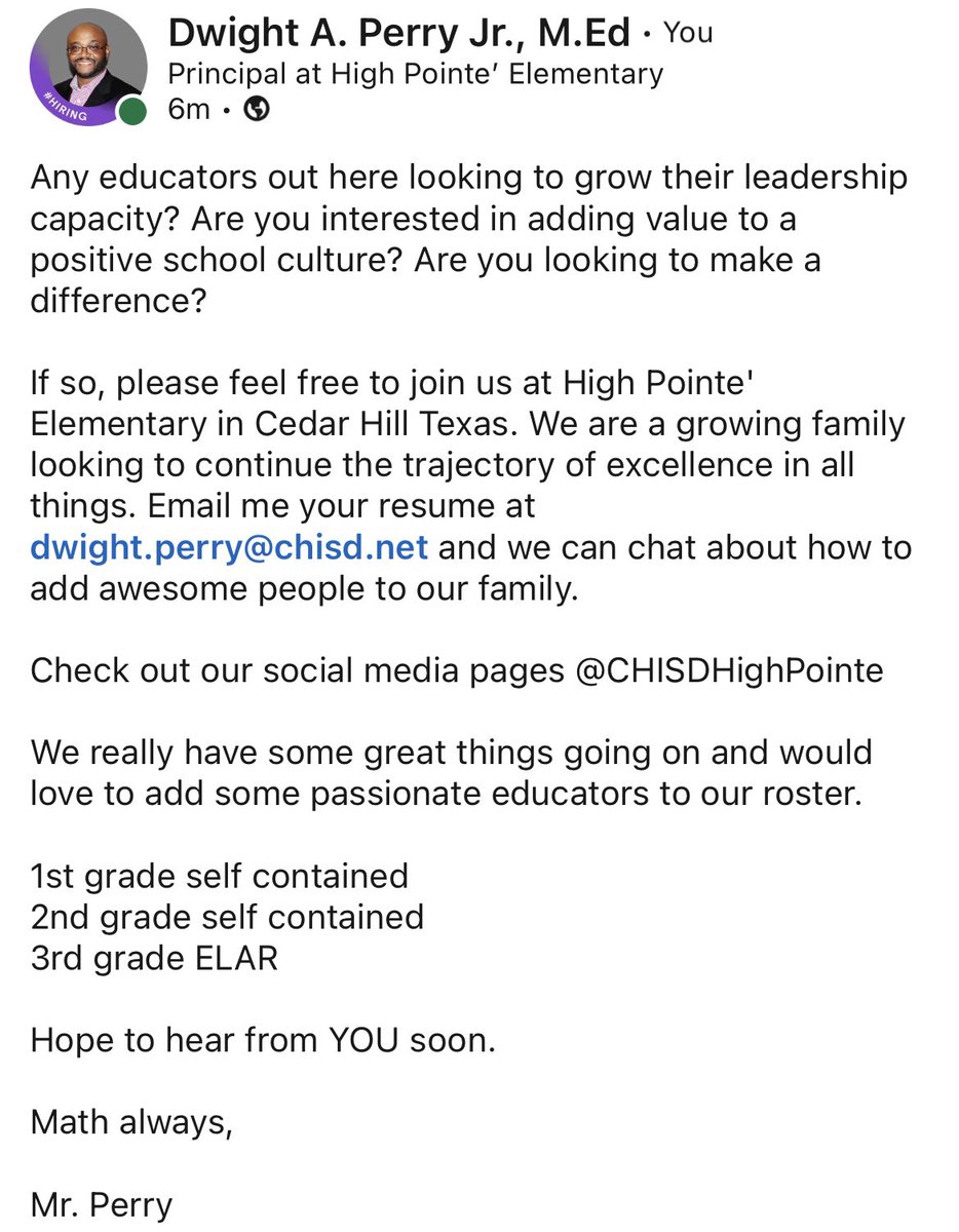 Won’t you join us? Send your resume to Dwight.perry@chisd.net

#DestinationRestorationPart3 #WeAreDifferent #ExcellencePersonified #TrendingUpward #AlwaysRecruiting