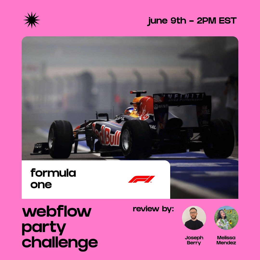melydelmar06's tweet photo. Tomorrowโs the day @F1 fans ๐๐จ
Iโll be reviewing the @F1 #WebflowPartyChallenge submissions alongside @josephberry88 at 2:00 PM ET
Join the stream even if youโre not presenting! The projects will be ๐ฅ
RSVP: https://t.co/jNTnxWPXqy
@webflowparty https://t.co/TFD6xoCMbi