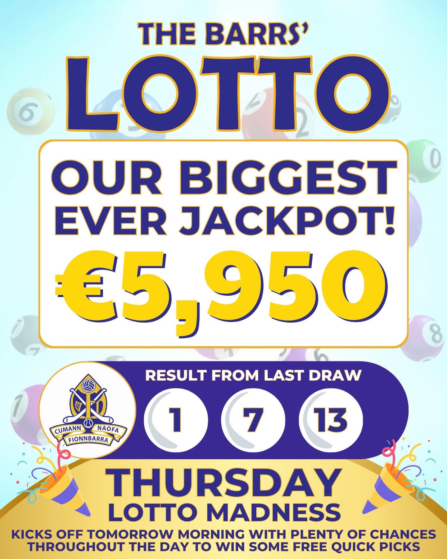 St Finbarr's National H&F Club on X: HERE WE GO AGAIN.. 🤩🤩 💰OUR BIGGEST  JACKPOT EVER💰 Our MEGA JACKPOT draw takes place THURSDAY at 9pm! 🤞🤞To  celebrate - and hopefully make one