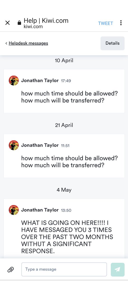 jgtaylor's tweet photo. @kiwicom247 Well, it's been another 2 weeks. Who will be contacting me and when? https://t.co/J12xb4tsHV