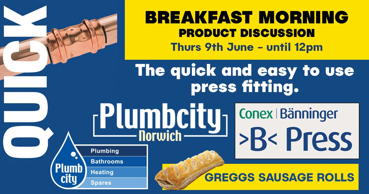 Plumbcity's tweet image. IBP CONEX are discussing the benefits of using their copper B-press fittings at Plumbcity Norwich tomorrow 7.30am-12pm. Greggs snacks available. Don't miss out! #CopperFitting #Plumbing #BPress