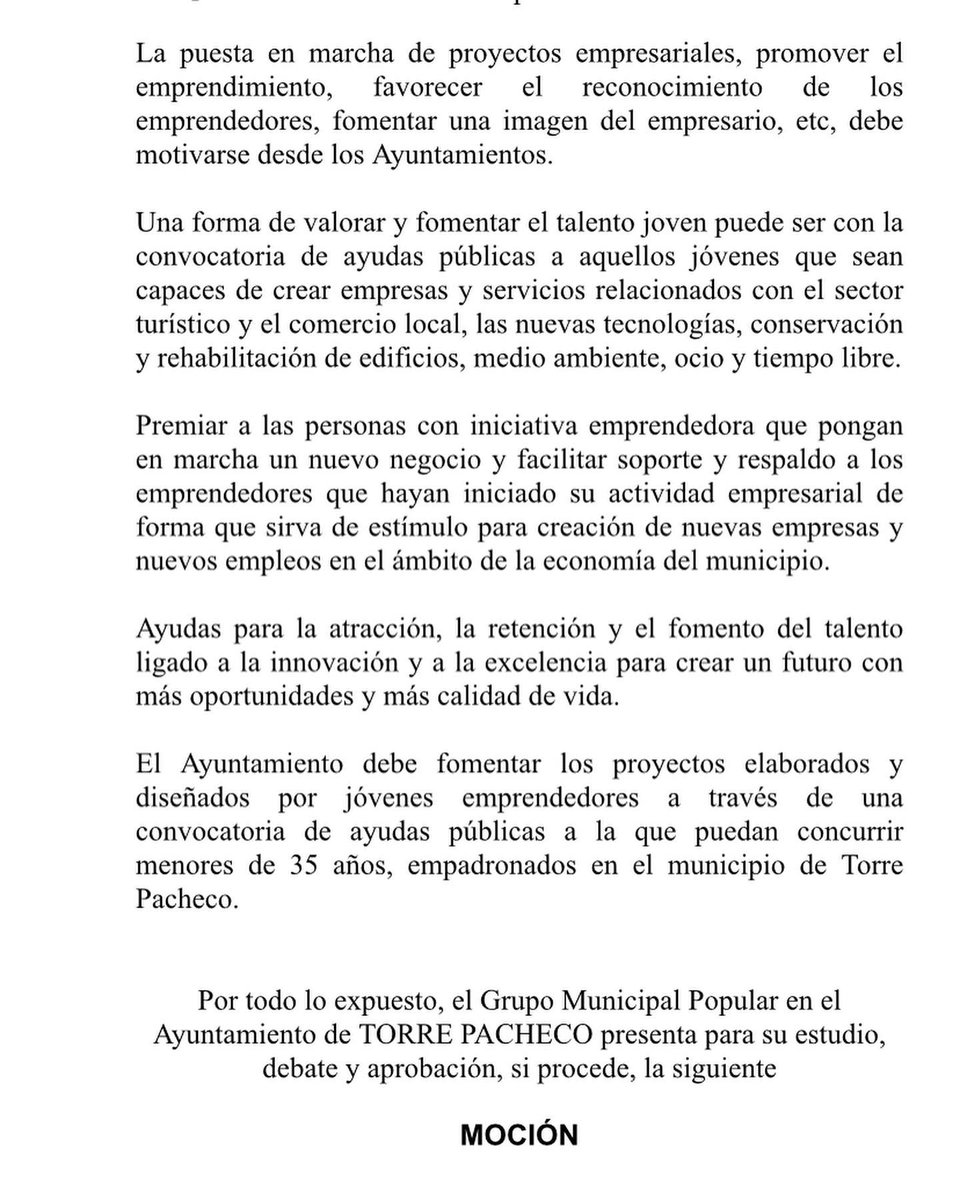 NNGGTPacheco's tweet photo. 🗣 En el último pleno, el Grupo Municipal Popular 🔵 presentó una moción coordinada desde @NNGG_RM para fomentar el talento joven en el municipio de Torre Pacheco, la cual fue aprobada 👏 por mayoría de la corporación municipal.

👉  Nosotros lo tenemos claro, ¿y tú? 📝 https://t.co/O2n6146Nii