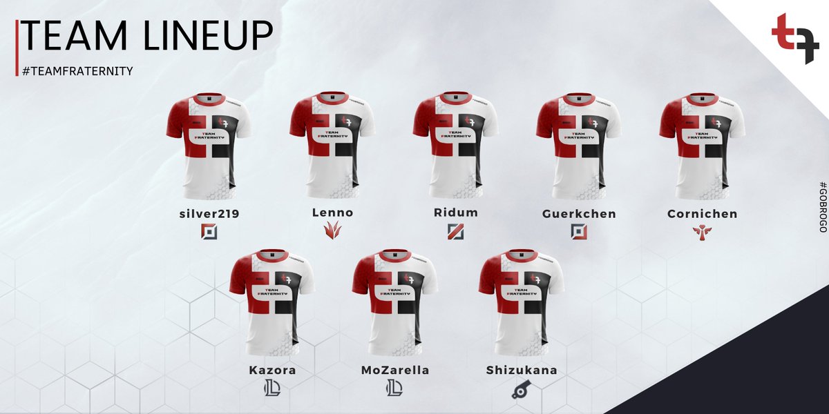 🔥Announcement🔥

A new era with a new team! We are extremely delighted and very happy to announce our new <a href="/LeagueOfLegends/">League of Legends</a> Mainteam!

Player:
<a href="/silver219_/">Riccardo "silver219" M.</a>
<a href="/DerLenno/">Lenno</a>
<a href="/_Ridum_/">Ridum</a>
<a href="/Das_Guerkchen/">Gürkchen</a>
<a href="/cornichenSupp/">Cerberus</a>
Stand-in:
#MoZarella
<a href="/LzrShak/">LzrShak</a>
Coach:
@Shizukanagaming

#GoBroGo