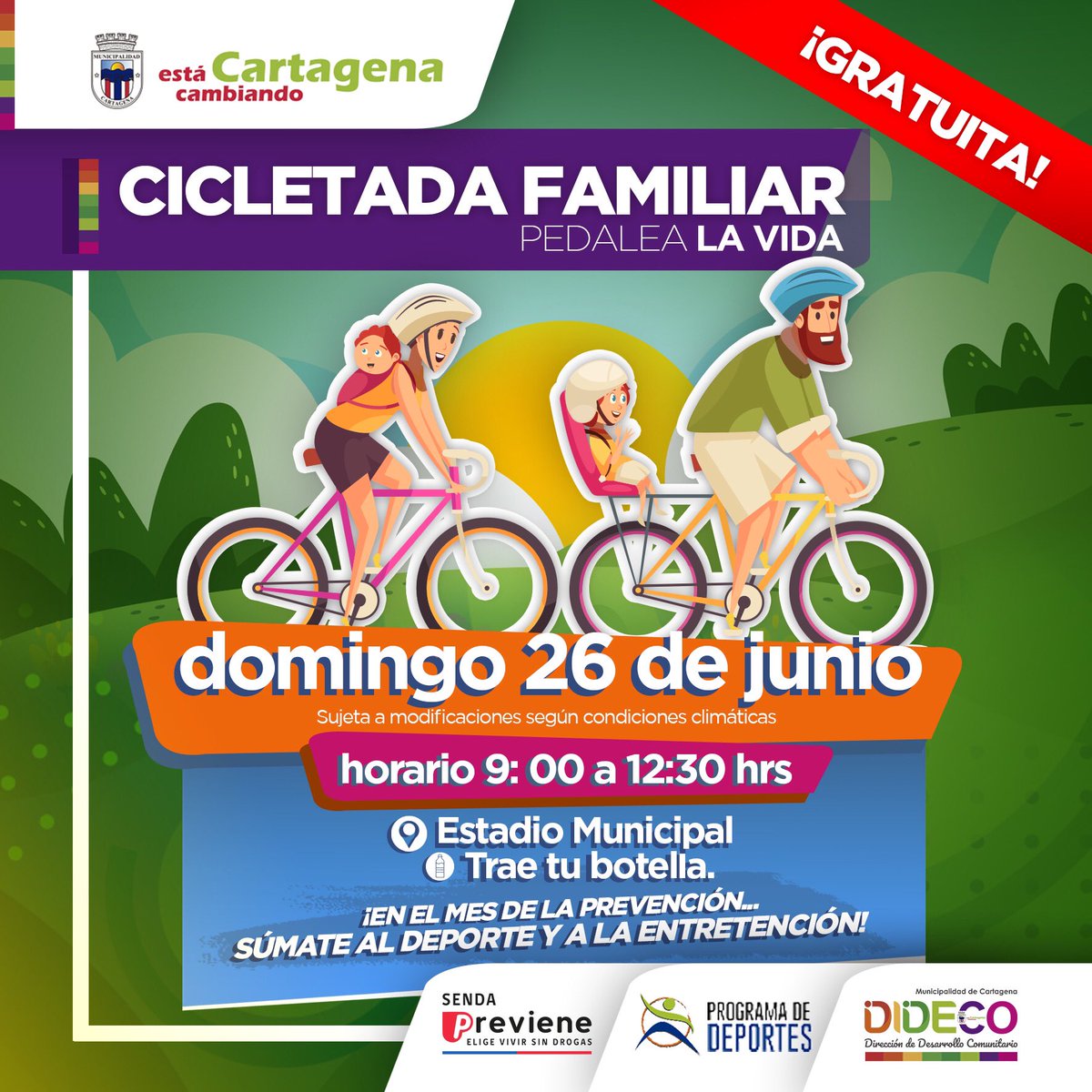 SENDA_Cartagena's tweet photo. En el mes de la prevención súmate al deporte y a la entretención🙌🏽Te invitamos a la cicletada familiar que se realizará en cartagena el 26 de junio desde las 9:00 horas 🚴🏽‍♀️🚴🏽‍♂️💜 https://t.co/b05d6ma4dq