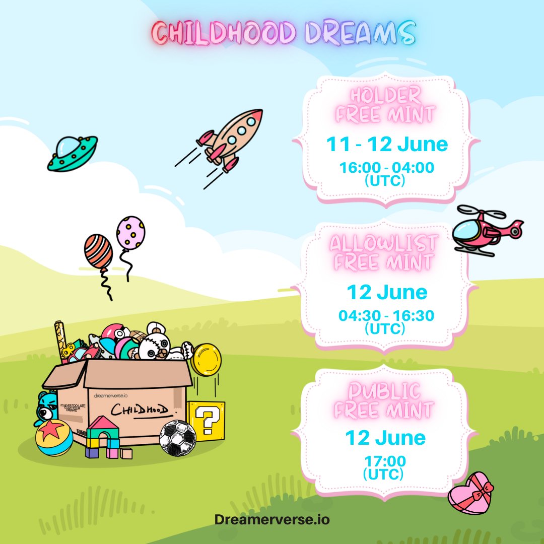Childhood_NFT's tweet photo. Free mint 🔥

There will be 3 rounds:
1⃣ Current Holders (11 June)
2⃣ Allowlist Winners (12 June)
3⃣ Public (12 June)

🎁Giving away 3 x Allowlist for Free Mint

1️⃣ Follow  @Childhood_NFT
2️⃣ Like &amp; RT
3⃣ Tag Friends

⏳24H https://t.co/251WUGgqe8