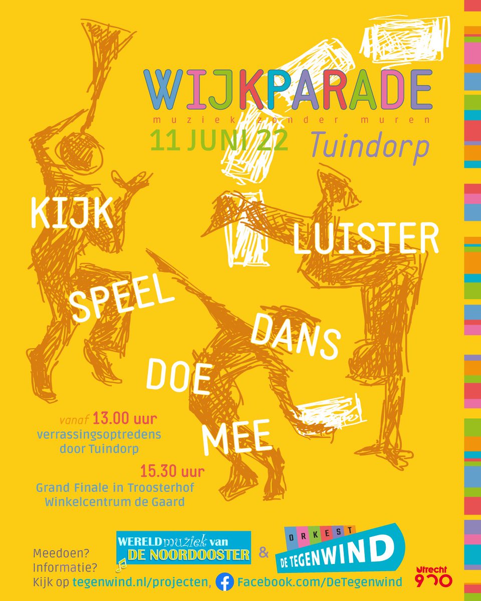 Zaterdag as houden de orkesten De Tegenwind en De Noordooster i.h.k.v. Utrecht 900 een wijkparade met als thema Muziek zonder Muren in Tuindorp #Utrecht. Start om 13.00 uur met muzikale verrassingen in de wijk en om 15.30 uur een gezamenlijk optreden in winkelcentrum De Gaard.