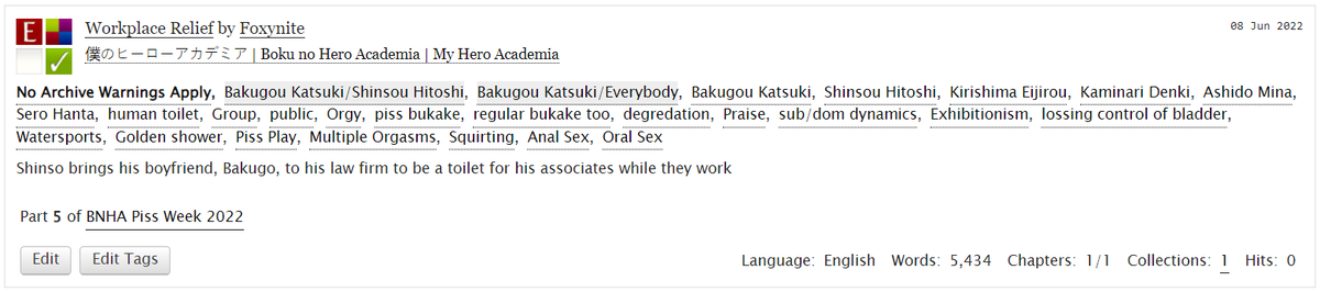 foxy_nite's tweet photo. Workplace Relief | ShinBaku/Bakusquad | Rated E | BNHA
Day Five of @bnhapissweek !!
Prompts: Human Toilet, Group, Public
Ao3: https://t.co/sezB1QX28W
#pissweek #pissweek2022 https://t.co/zHiAIo87lp