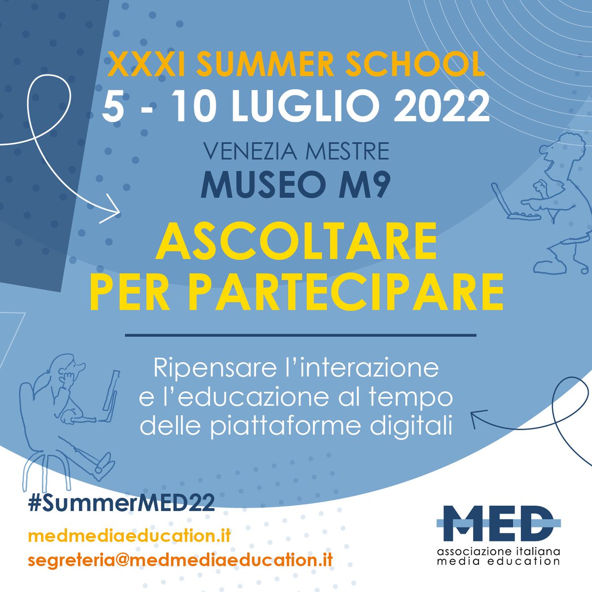 𝗟𝗔 𝗦𝗨𝗠𝗠𝗘𝗥 𝗦𝗖𝗛𝗢𝗢𝗟 𝗠𝗘𝗗 2022 offrirà a insegnanti ed educatori momenti di lavoro utili per ripensare l’interazione e l’#educazione al tempo delle piattaforme digitali.
𝗜𝗹 𝟮𝟮/𝟬𝟲 𝘀𝗰𝗮𝗱𝗿𝗮𝗻𝗻𝗼 𝗹𝗲 𝗶𝘀𝗰𝗿𝗶𝘇𝗶𝗼𝗻𝗶:
medmediaeducation.it/summer-school/…

#summerMED22