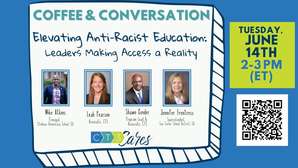 CT3Education's tweet photo. Next Tues. @ 2 pm (ET) we'll be hosting a Coffee &amp; Conversation you won't want to miss! Join us as we unpack how leaders can make access a reality through anti-racist education.

Register here for free:  https://t.co/HMyqgSBgv3 

#CT3CaresWeek #CT3Cares#ThePowerThatAccessCreates https://t.co/iZNTMbPgOi