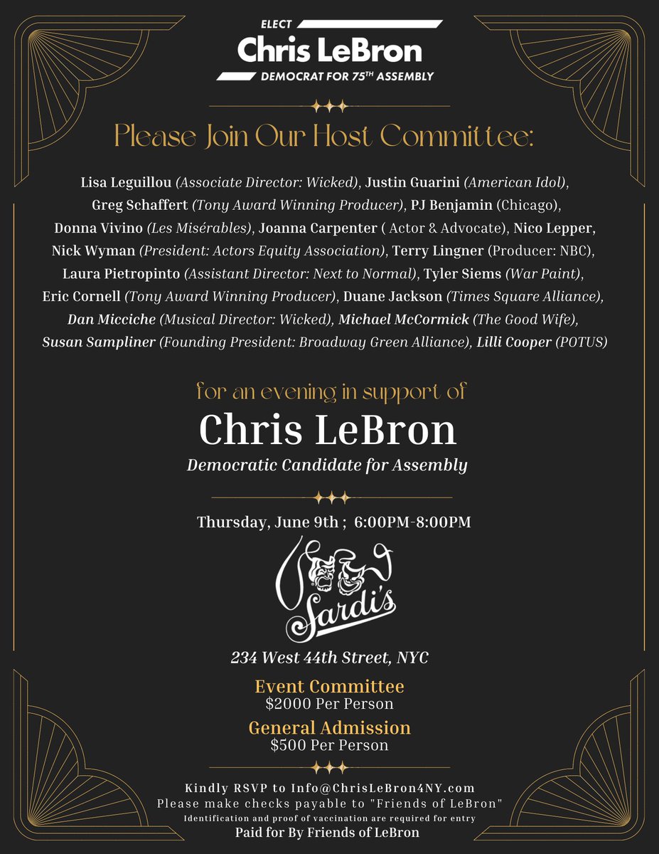 lebron4ny's tweet photo. I am humbled and honored to have the support of some of Broadway's most influential leaders. Please join us tomorrow night at @sardisnyc for a fundraiser in celebration of #Broadway 🎭 and the resiliency of the Arts! https://t.co/d0O7k5bp0w