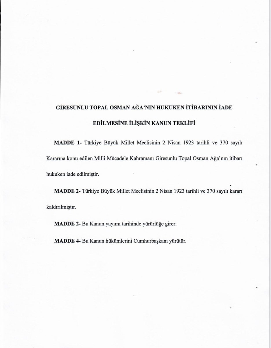 Genel Başkanımızın;
Milli Mücadele Kahramanı, 
Türk Milletinin yiğit evladı Giresunlu Topal Osman’ın itibarının hukuken iadesini öngören kanun teklifleri, şahsımın ve Hatay Milletvekilimiz Lütfü Kaşıkçı Bey’in de imzalarıyla TBMM’ye sunulmuştur.