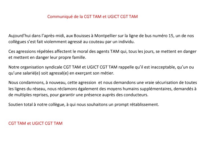 CgtTam34's tweet photo. La #CGT #UGICT TAM #Montpellier dénonce l'agression intolérable d'un Agent TaM > ligne 15 à #Montpellier, soutien total à notre collègue à qui nous souhaitons un bon rétablissement !
@lacgtcommunique @ulCGTMONTPEL @TaMVoyages
@MLMontpellier @GazetteLive34 @myMetropolitain https://t.co/vZc5Z2LPPp