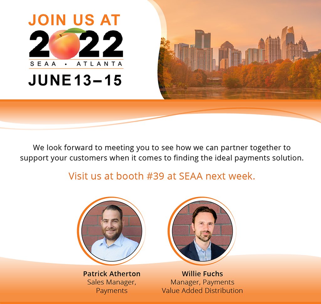 POS_Portal's tweet photo. Our team is headed to Atlanta for #SEAA2022 Southeast Acquirers' Association next week. Make sure to stop by and chat with Patrick and Willie! Visit our booth or schedule a meeting here >> https://t.co/9h2Hyy6Kri #POSPortal #payments @SEAcquirers https://t.co/7ClYrSU8L2