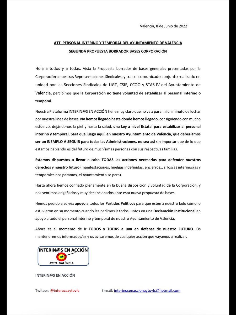 INTERACCAYTOVLC's tweet photo. 📢📢COMUNICADO DE @INTERACCAYTOVLC ANTE SEGUNDA PROPUESTA BASES GENERALES PARA PROCESOS ESTABILIZACIÓN📢📢

Tras comunicado conjunto de UGT, CSIF, CCOO y STAS-IV de @AjuntamentVLC percibimos que la Corporación no tiene voluntad de estabilizar al personal interino. 
@LuisaNotario https://t.co/ZlwWP9nnAR