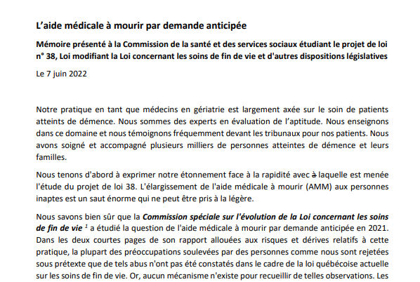 collectifmed's tweet photo. Un groupe de 5 gériatres québécois, José A. Morais, Pierre J Durand, Félix Pageau, Donald M Doell et la présidente de notre Collectif, Catherine Ferrier, ont partagé à titre personnel ce mémoire à la Commission @AssnatQc étudiant #PL38: https://t.co/ggpHj03sLK #travauxparl #polqc https://t.co/gGtb3xSP80