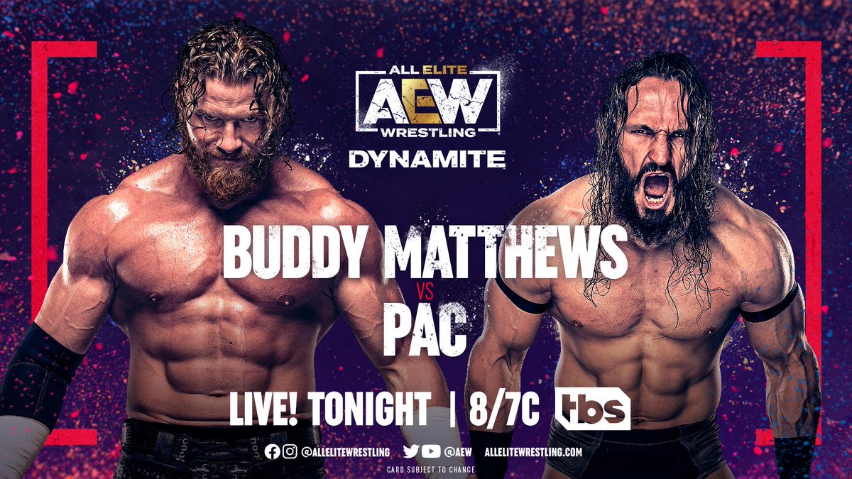 Just announced on @BustedOpenRadio by #AEW GM @TonyKhan, TONIGHT LIVE on #AEWDynamite at 8pm ET/ 7pm CT on @TBSNetwork, #HouseOfBlack's @SNM_Buddy will go one-on-one with #DeathTriangle's @BASTARDPAC