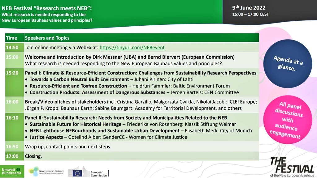 Stephan Bartke (@SBartke) on Twitter photo 2022-06-08 16:47:13 Tomorrow 15:00 ⏰: What #knowledge & #research are needed to achieve the goals of the #NewEuropeanBauhaus? Join the discussion with @DirkMessner @Umweltbundesamt & Bernd Biervert @EUScienceInnov & various experts/stakeholders 👉 Join #NEB_Festival: umweltbundesamt.de/en/service/dat… Tomorrow 15:00 ⏰: What #knowledge & #research are needed to achieve the goals of the #NewEuropeanBauhaus? Join the discussion with @DirkMessner @Umweltbundesamt & Bernd Biervert @EUScienceInnov & various experts/stakeholders 👉 Join #NEB_Festival: umweltbundesamt.de/en/service/dat…