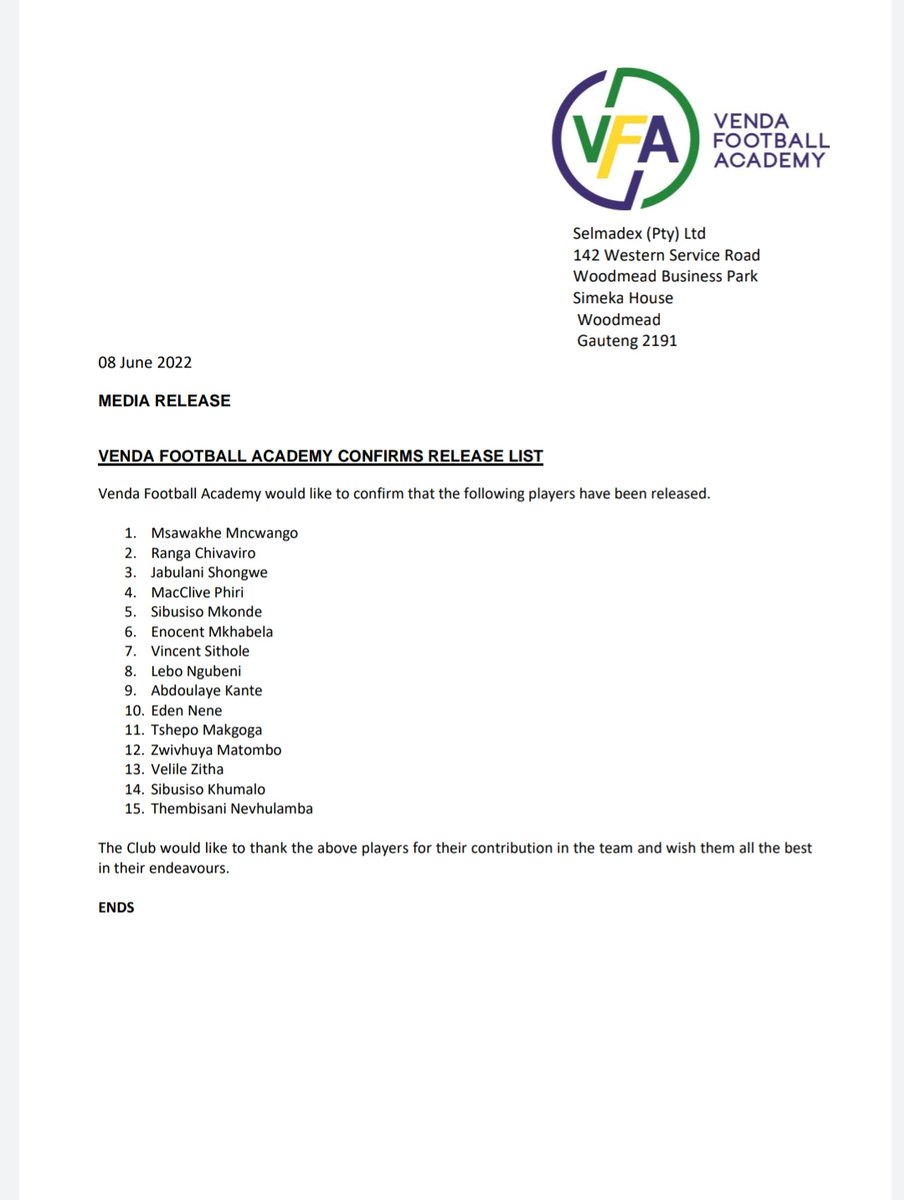 RELEASED

#GladAfricaChampionship side Venda Football Academy have parted ways with 15 players ahead of the 2022/23 season.

#FARPost