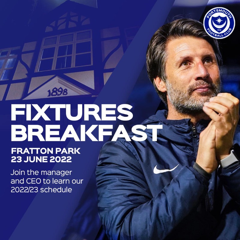 Pompey's tweet photo. 🗓 #Pompey will be hosting a Fixture Release Breakfast at Fratton Park on Thursday, June 23

🍳 Breakfast buffet from 8am
🎤 Q&amp;A with Danny Cowley and Andrew Cullen
⚽ Find out fixtures at 9am