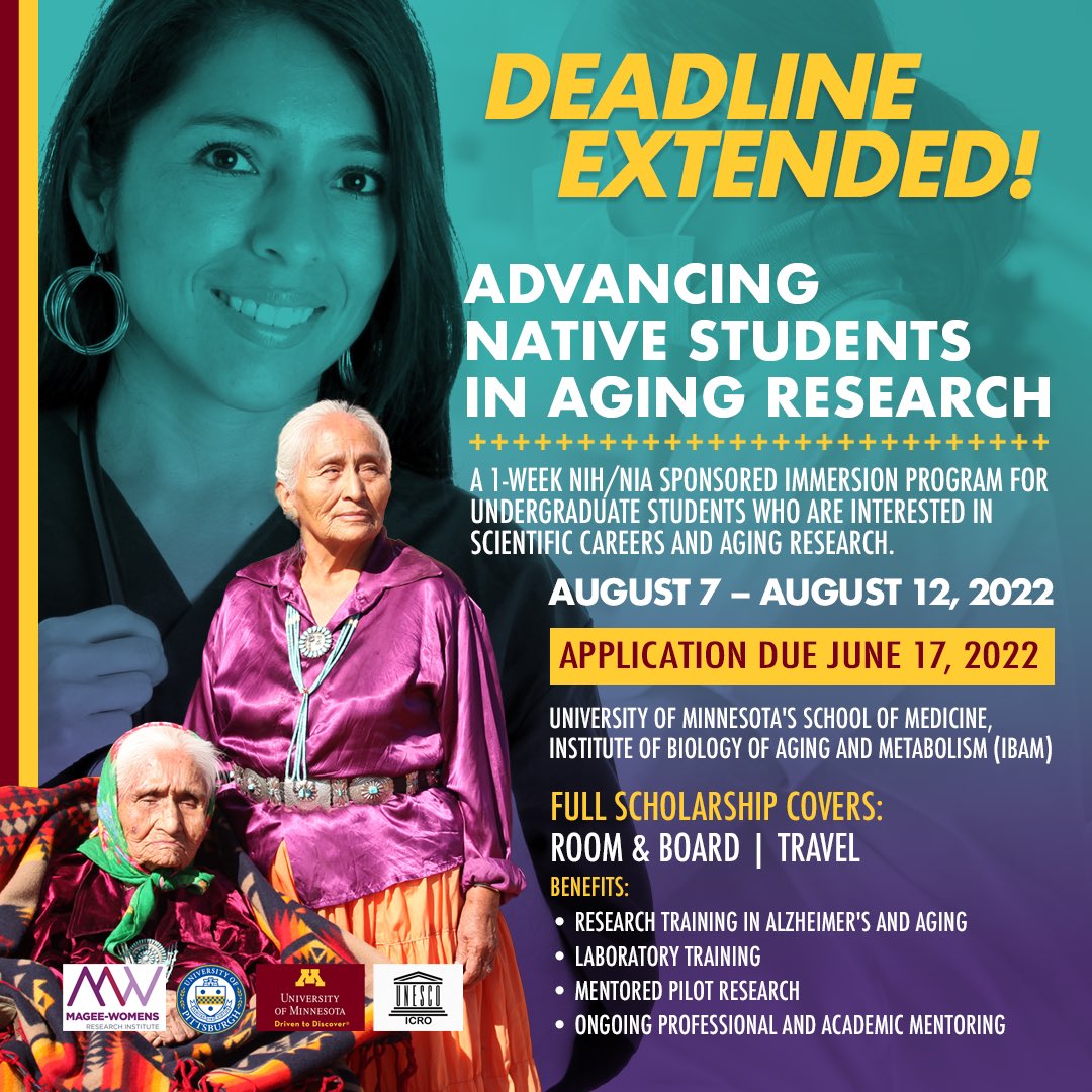 NUNAGroup's tweet photo. The application window for Advancing Native Students in Aging Research has been extended to June 17! This #scholarship program offers dynamic courses &amp; career advancement opportunities over a 1-week period at the University of Minnesota.

More Info/Apply: https://t.co/ZTlMkBykeo https://t.co/wde2MEW1GT