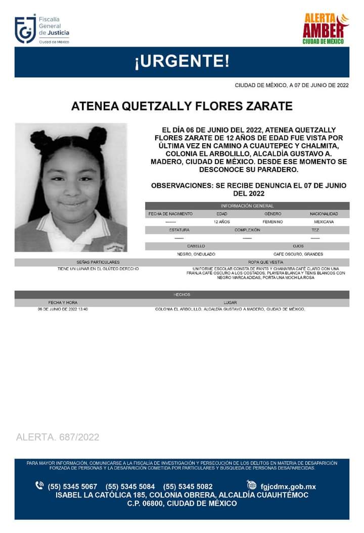 RadioInvolucrat's tweet photo. Ayúdanos a localizar a ATENEA QUETZALLY FLORES ZARATE de 12 años, desapareció el 6 de junio 2022 rumbo a #Cuautepec, Col. El Arbolillo, viste uniforme escolar que consta de pants, chamarra café claro y playera blanca.
@TuAlcaldiaGAM https://t.co/aYJtvP9XHO