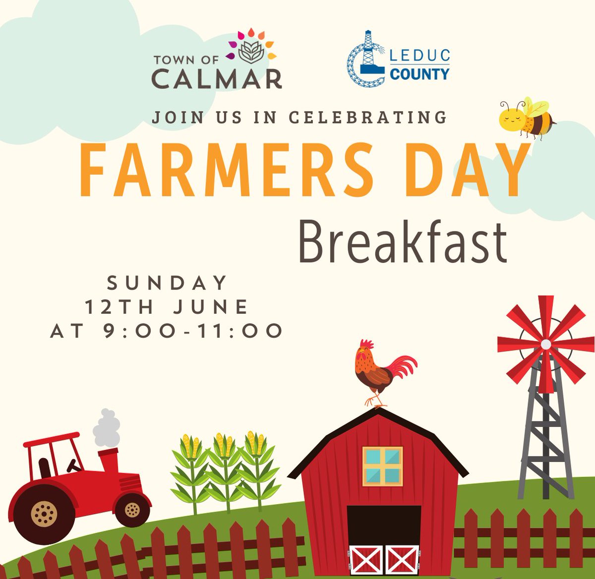 TownOfCalmar's tweet photo. Join us this Sunday at Centre Park from 9 – 11am for our Farmer’s Day Breakfast!

#TownOfCalmar #LeducRegion #Farming https://t.co/mxfq7PeTMe