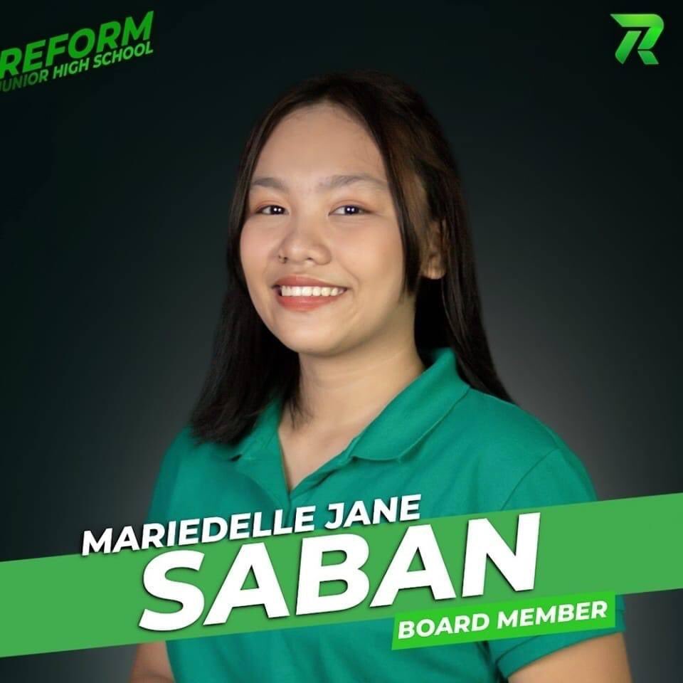 reformjhs's tweet photo. #14 BOARD MEMBER
Mariedelle Jane SABAN ✅
#AbanteBerde
#AbanteReform
#ReadyRiseRegen
#Reform2022
#𝘊𝘗𝘜𝘙𝘌𝘭𝘦𝘤𝘵𝘪𝘰𝘯2022 #YourVoteYourVoice
#RawrYourVoteCentralians #CentraliansKnow https://t.co/wvb5BbqxEY