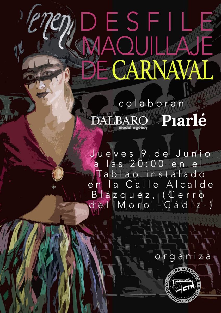 makeup_piarle's tweet photo. 📢 Mañana jueves colaboramos junto con Dalbaro Cádiz en el #desfile Maquillaje de Carnaval, organizado por la asociación Coordinadora de Trabajadores del Metal Bahía de Cádiz 🎭💄

📢 Será a las 20h en el tablao de C/ Alcalde Blázquez (Cerro del Moro, #Cádiz) 👇👇 https://t.co/3NEQ2UmK79