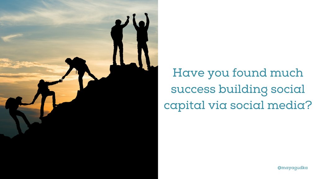 Building social capital &amp; social support via social media requires persistence, intentionality, and an understanding of one’s own social skills and interaction styles.

Have you found much success building #socialcapital via #socialmedia?