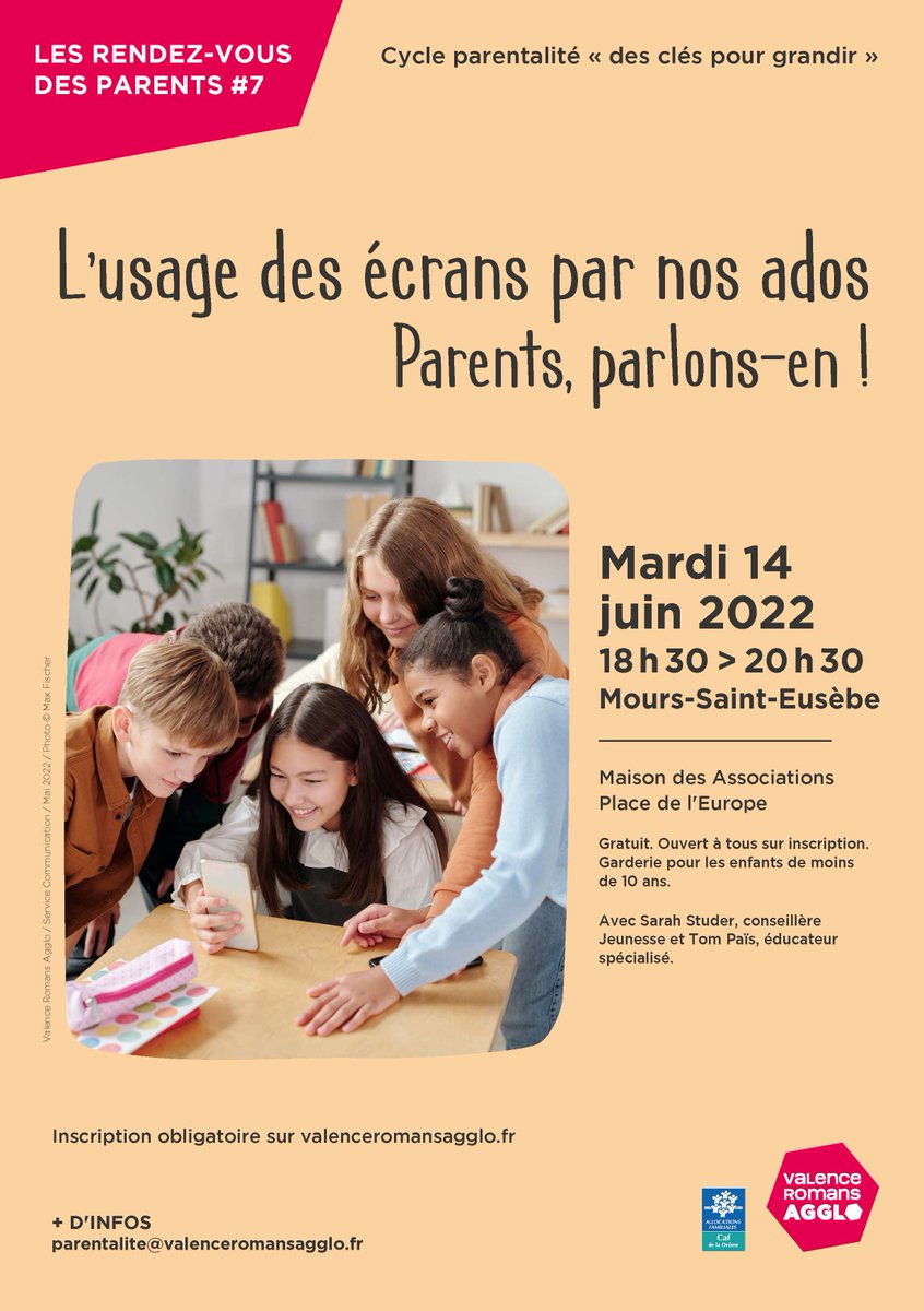 📣 L'usage des écrans pas nos ados : parlons-en ! Venez échanger sur les comportements liés aux écrans 📅 Mardi 14 juin, de 18h30 à 2Oh30 à #MoursSaintEusèbe 
ℹ Plus d’infos ici 📲 vu.fr/wLes  
#rdvdesparents #parentalité #echanges #écrans