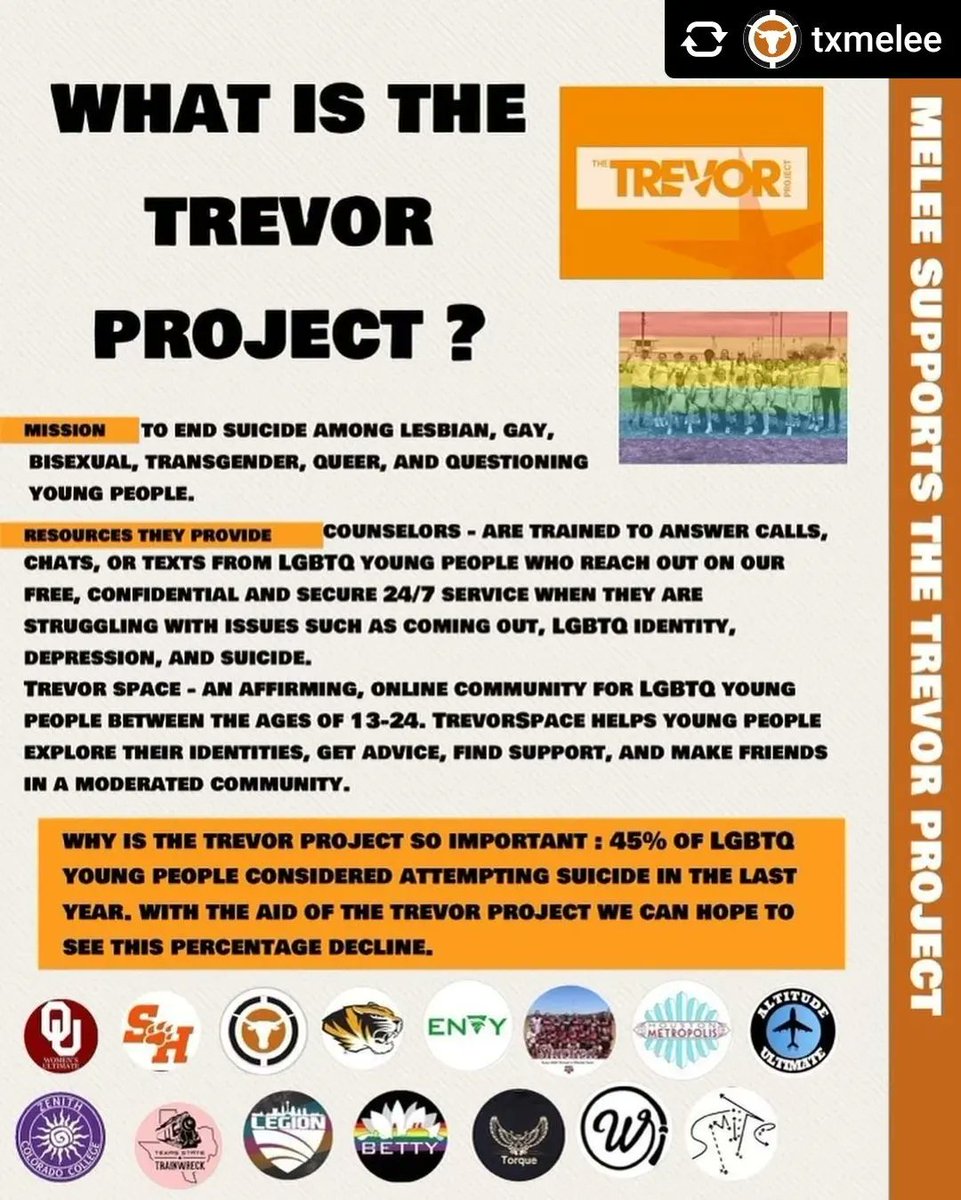 AustinUltimate's tweet photo. Check out @txmelee &amp; @mayhem_tx Pride Month Fundraiser! I'm partnership with other teams around the country, they are raising money for the Trevor Project! 🌈✨ Mention Melee, Mayhem, or UT WNB club in your donation to help them raise the most!
 https://t.co/QKopU2LG9h https://t.co/KQ3AyMs0J1