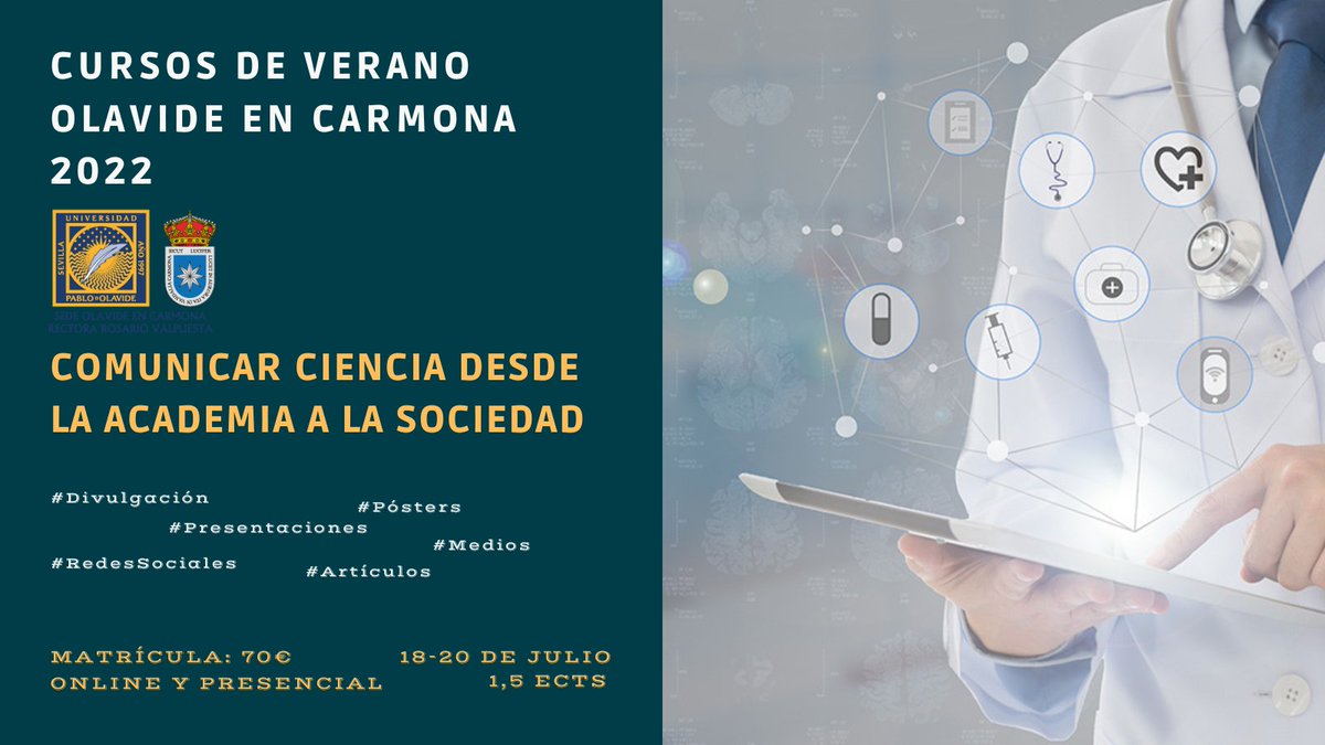 Lydia Gil (@tusocialmedia) on Twitter photo ¿Quieres adentrarte en el mundo de #ComunicaCiencia? Este curso impulsado por @malnutridos y con la participación de un puñado de especialistas puede interesarte. 😉
📌"Comunicar ciencia desde la academia a la sociedad"
📅18-20/07 en <a href="/olavidecarmona/">Olavide en Carmona</a>
upo.es/formacionperma… ¿Quieres adentrarte en el mundo de #ComunicaCiencia? Este curso impulsado por @malnutridos y con la participación de un puñado de especialistas puede interesarte. 😉
📌"Comunicar ciencia desde la academia a la sociedad"
📅18-20/07 en <a href="/olavidecarmona/">Olavide en Carmona</a>
upo.es/formacionperma…
