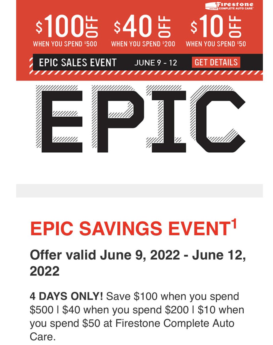 It’s a great weekend to get your vehicles ready for the summer travel!!!  Come to any Firestone or Tires Plus June 9th - 12th and take advantage of some great savings.