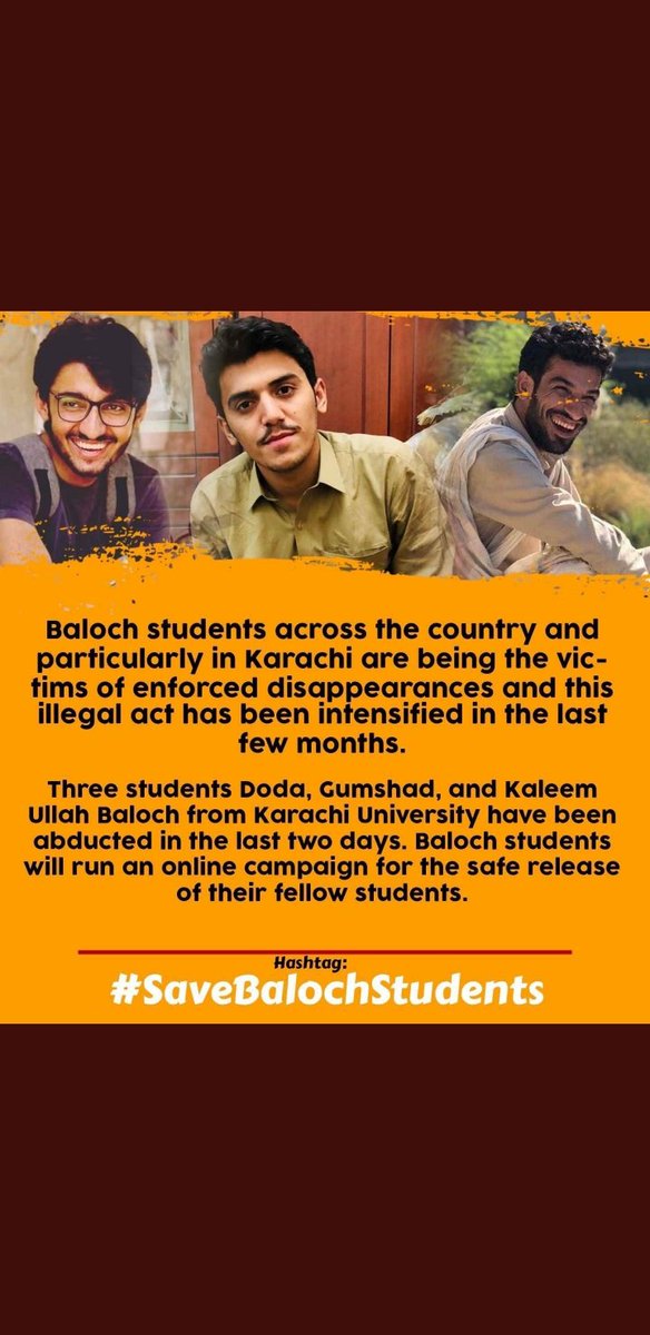 Anwerjan712's tweet photo. students are being abducted from the premises of university creating the fearful environment for studying that would stop or create many hurdles for the Baloch students. All are requested to participate in campaign for the safe release of Baloch students .#SaveBalochStudents https://t.co/E4xq24BDGw