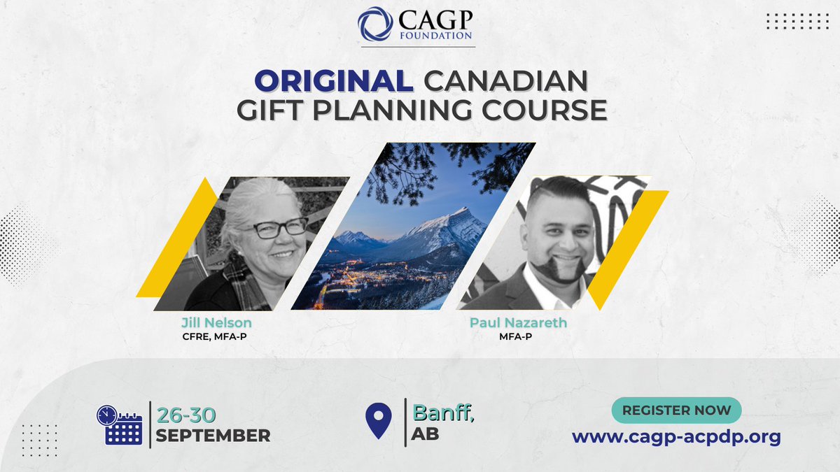 The *ORIGINAL* Canadian Gift Planning Course returns this September for 5 days in beautiful Banff! The deepest and most immersive training in planned giving you can find, led by @nelson_jill &amp; <a href="/UinvitedU/">Paul Nazareth</a> - Details: bit.ly/2YHGRW0