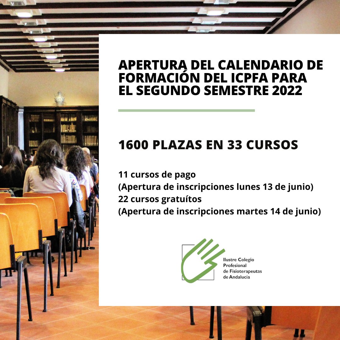 ☝🏻Ya está disponible en Colfisio.org el Calendario de Cursos ICPFA para el segundo semestre de 2022, en el que se pone a disposición de los colegiados andaluces un total 1.600  plazas, repartidas en 33 cursos (22 gratuitos -1.320 plazas- y 11 de pago -280 plazas-) (1)