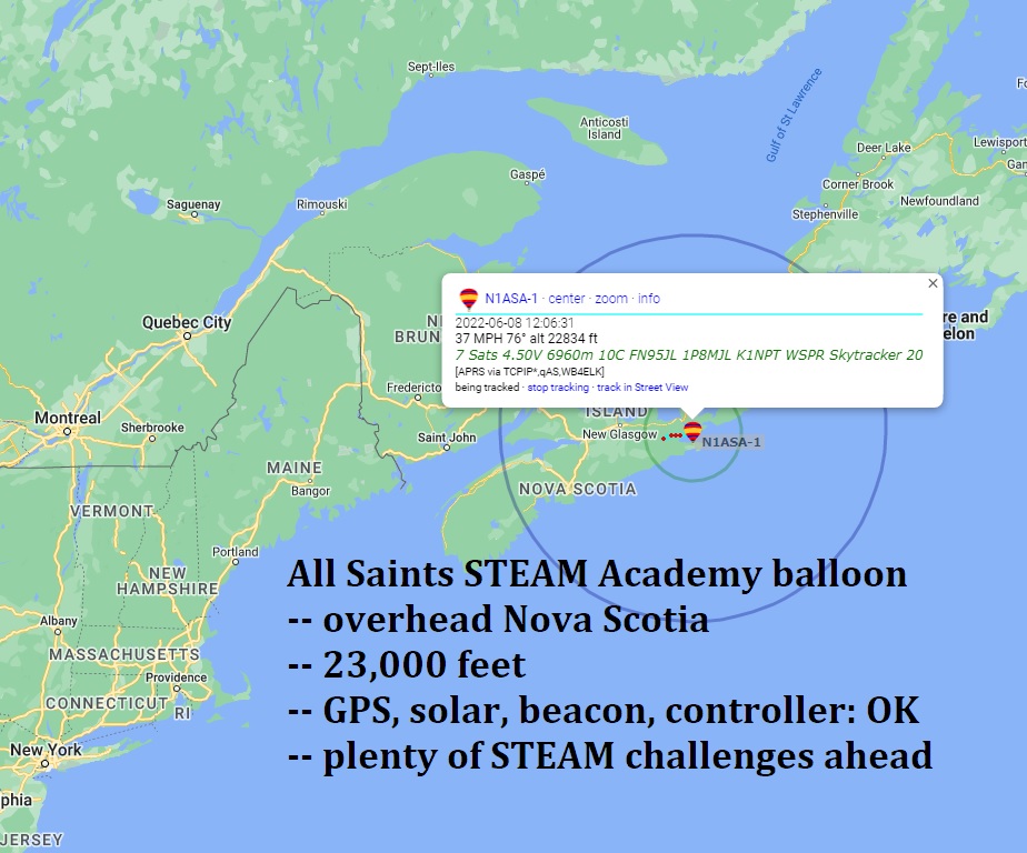 W1SYE's tweet photo. @AllSaintsSTEAM students put their critical thinking skills to the test as they predict the course for the high altitude balloon launched Tuesday. 

On-board systems are "nominal" as the balloon heads over the Atlantic. Will it make it to Europe? Stay tuned. #STEAM #hamradio https://t.co/86Bw2Q2L0T