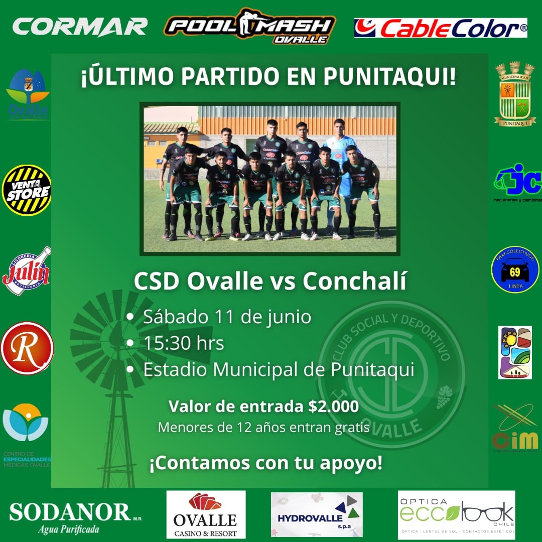 CSDOvalle's tweet photo. ÚLTIMO PARTIDO EN LA TIERRA DE LOS MOLINOS 

Este sábado nos despedimos de Punitaqui, tierra que nos acogió como local estas primeras fechas. 

⚽ CSDO vs Conchalí 
🗓 Sábado 11 de junio 
🕛 15:30 hrs
🏟 Estadio Municipal Punitaqui 

*Entrada $2.000 (niños menores 12 años GRATIS) https://t.co/36o4shxFia