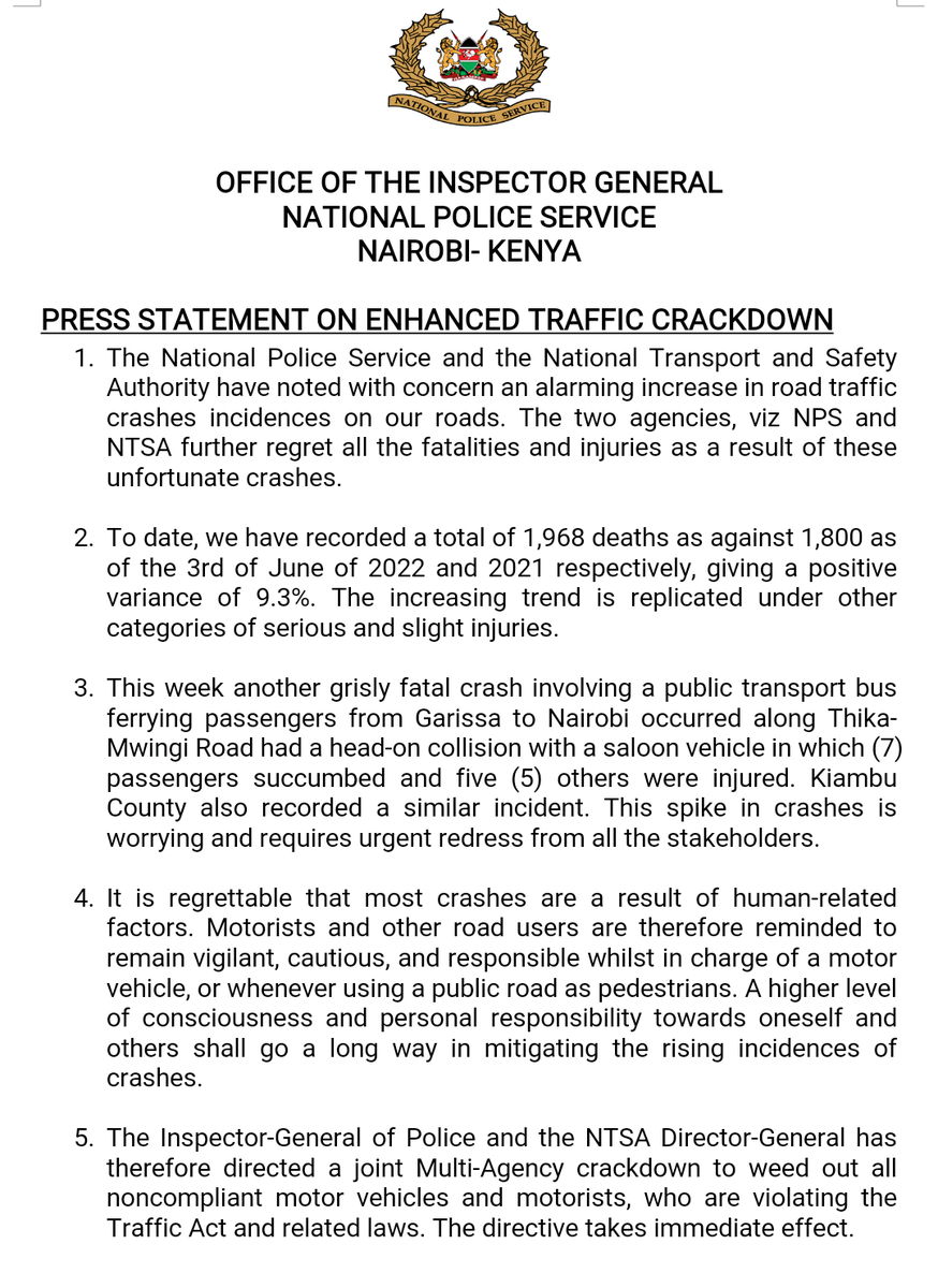 NPSOfficial_KE's tweet photo. Press Statement on enhanced traffic crackdown https://t.co/GXSfkhDOiQ