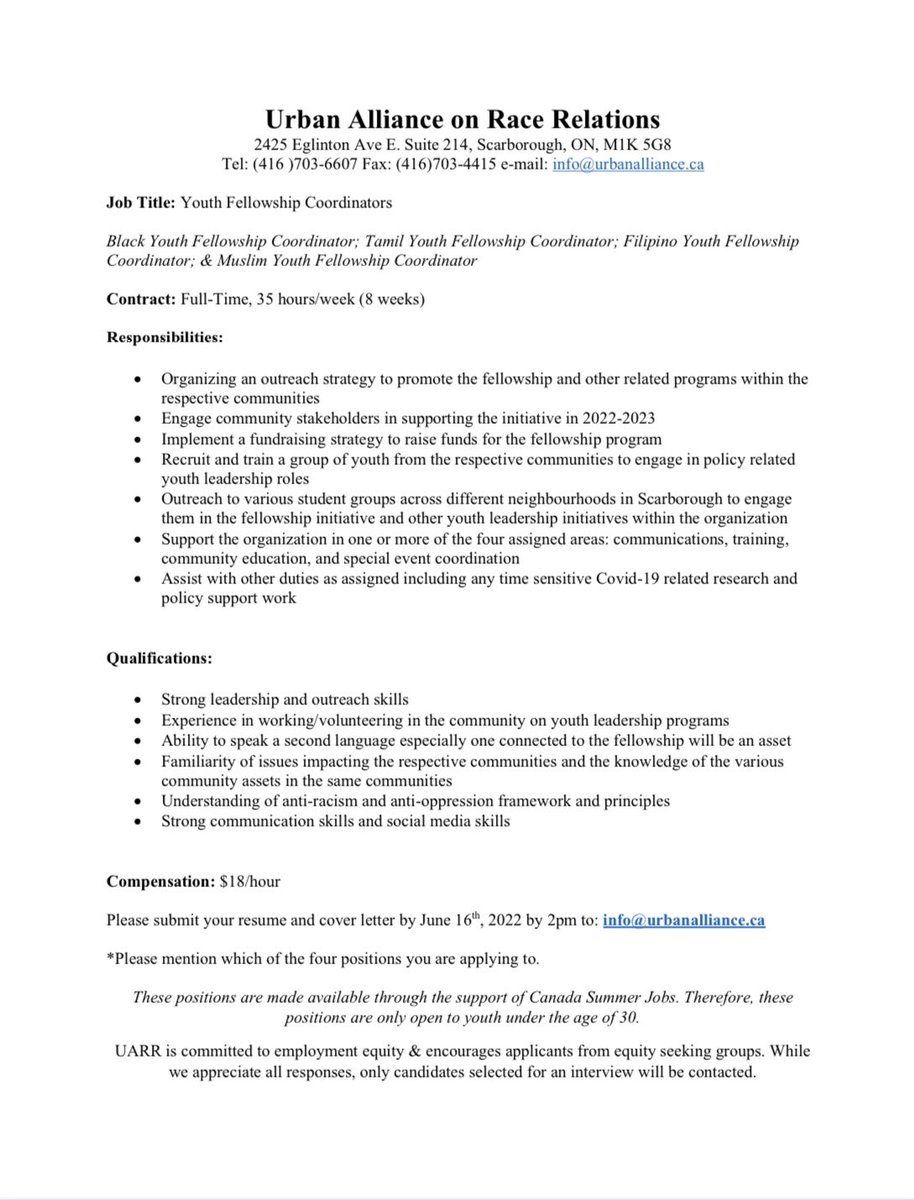 UARR is hiring four Youth Fellowship Coordinators! To apply, submit your resume and cover letter to info@urbanalliance.ca by 2PM on June 16, 2022.

For job description: urbanalliance.ca/youth_fellowsh…