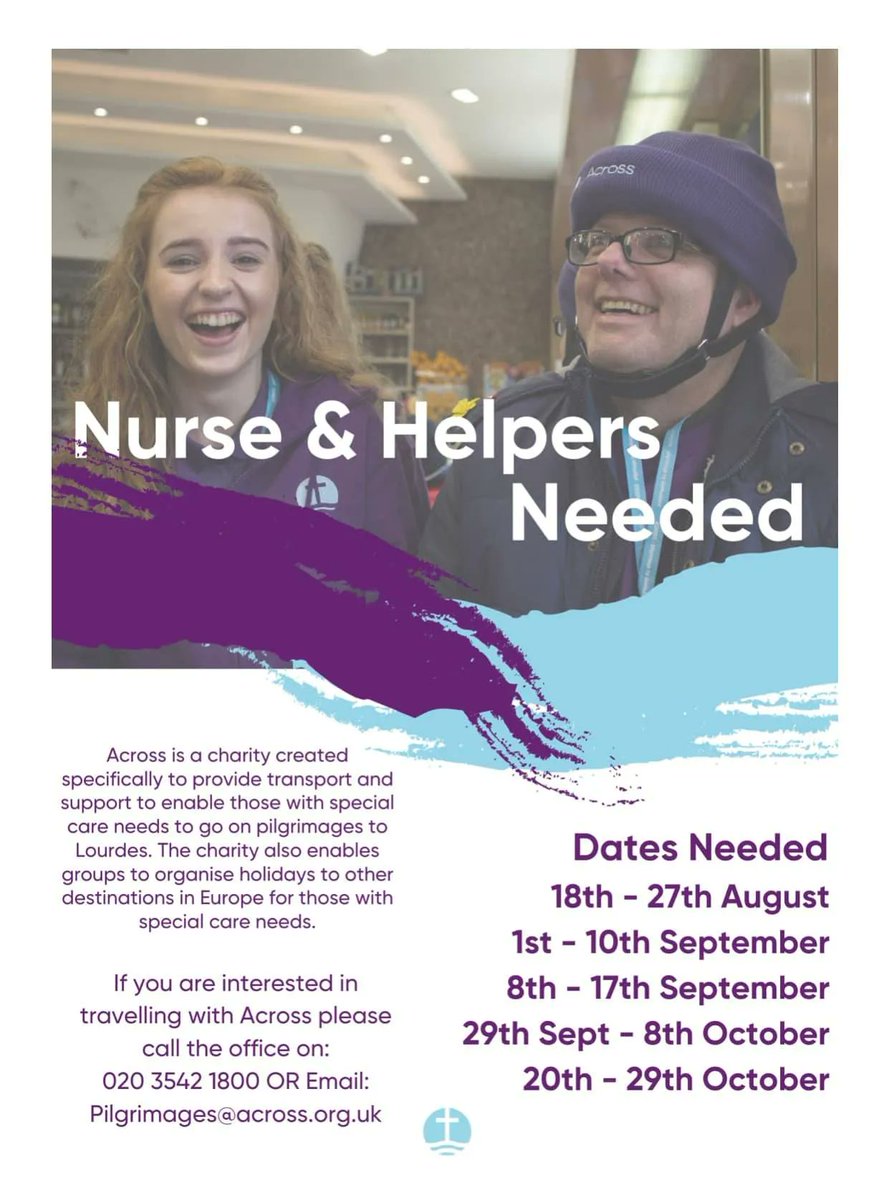 We are urgently looking for nurses and helpers for the pilgrimage dates below. Please help us in making the “impossible possible” 💜 Please telephone the office on 020 3542 1800 if you are able to help 💜
