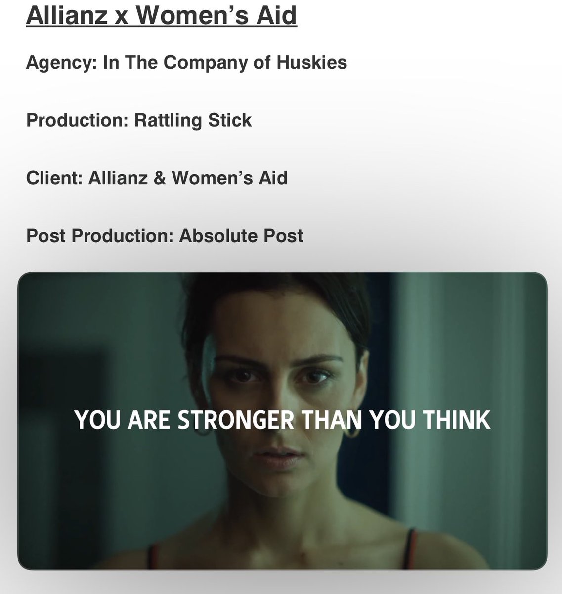 RattlingStick's tweet photo. Lovely to see the brilliant @Fern_Berresford film for @womensaid / @AllianzIreland “The World’s Strongest Women” via @HuskiesAgency on @wearerothco Jen Speirs’ selection of Favourite work from Ireland on @LBBOnline #LBBHighFive today! https://t.co/VyoNzU7QGk