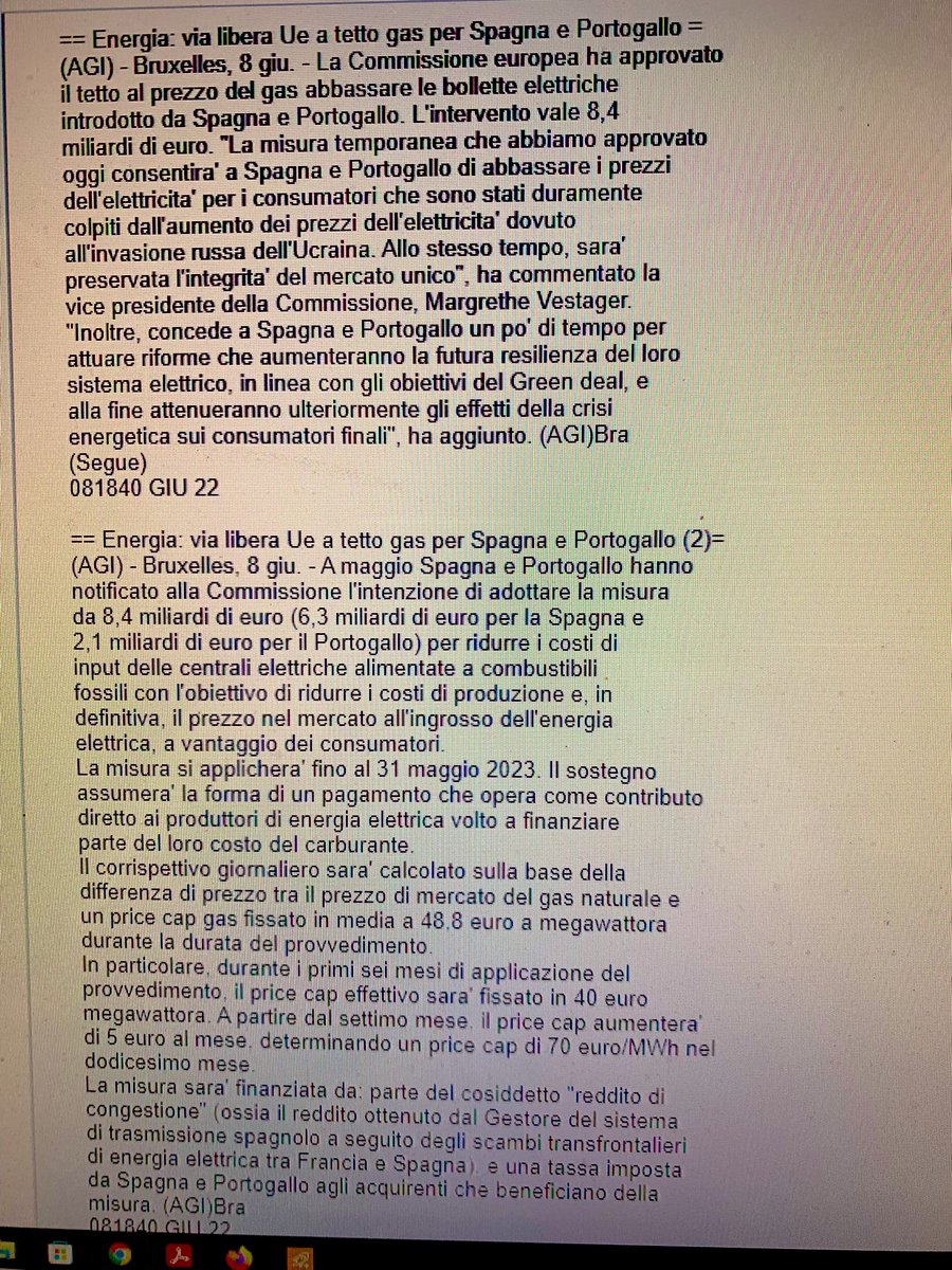 Intanto price cap al gas, che importatori ITA hanno convinto Draghi a non fare, Spagna e Portogallo lo avranno: fino a primavera 2023,€40 a MWH nei primi 6 mesi, poi €5 a salire ogni mese fino €70. Molto meglio del bonus €200 una tantum a 31,5 mln di italiani del governo ITA