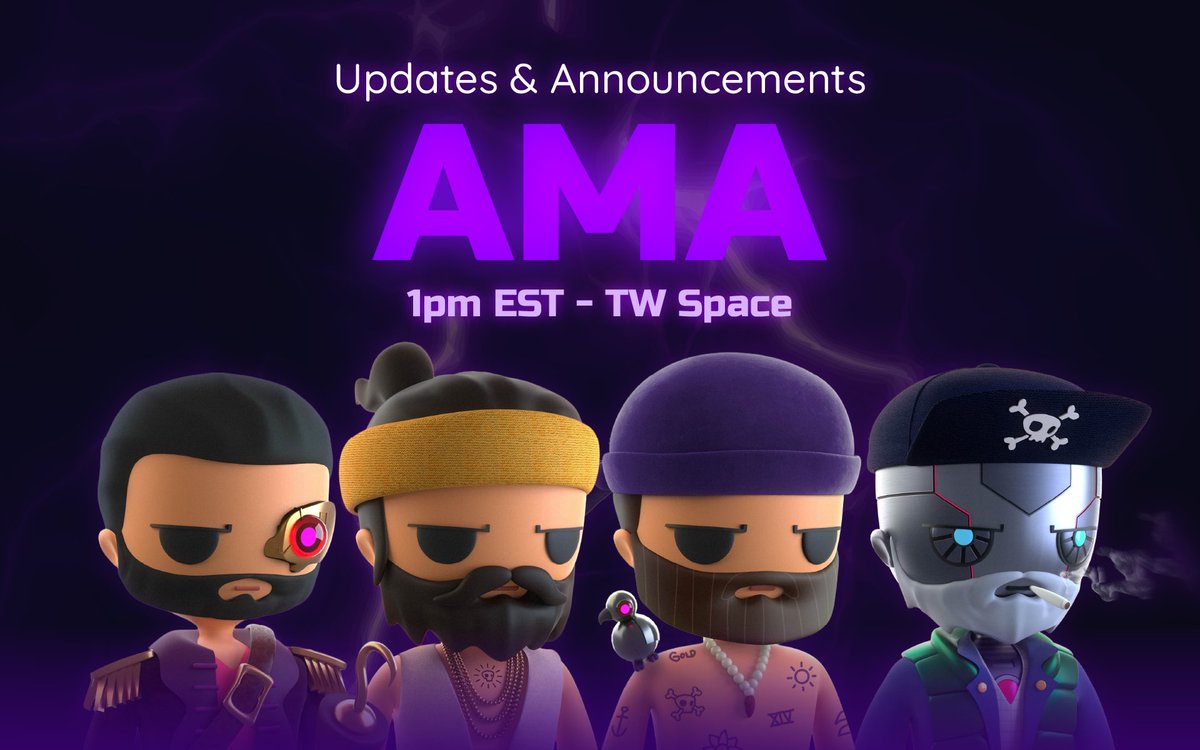 IT’S TIME ⏰ 

Join Captains <a href="/CryptoPapi10/">🏴‍☠️Crypto-Papi.eth🏴‍☠️</a>, <a href="/NFLuis1/">🏴‍☠️ NFLuis 🏴‍☠️</a>, <a href="/thomporras/">Thom Porras</a> &amp; <a href="/Romichelangeli/">Rodrigo Michelangeli</a> tomorrow at 1 pm EST (6/9) for a special AMA: 

Walk the Plank: Project updates &amp; Announcements 🎙

Win a Pirate live in the space: RETWEET &amp; set a reminder👇 to enter.

*must be present to win