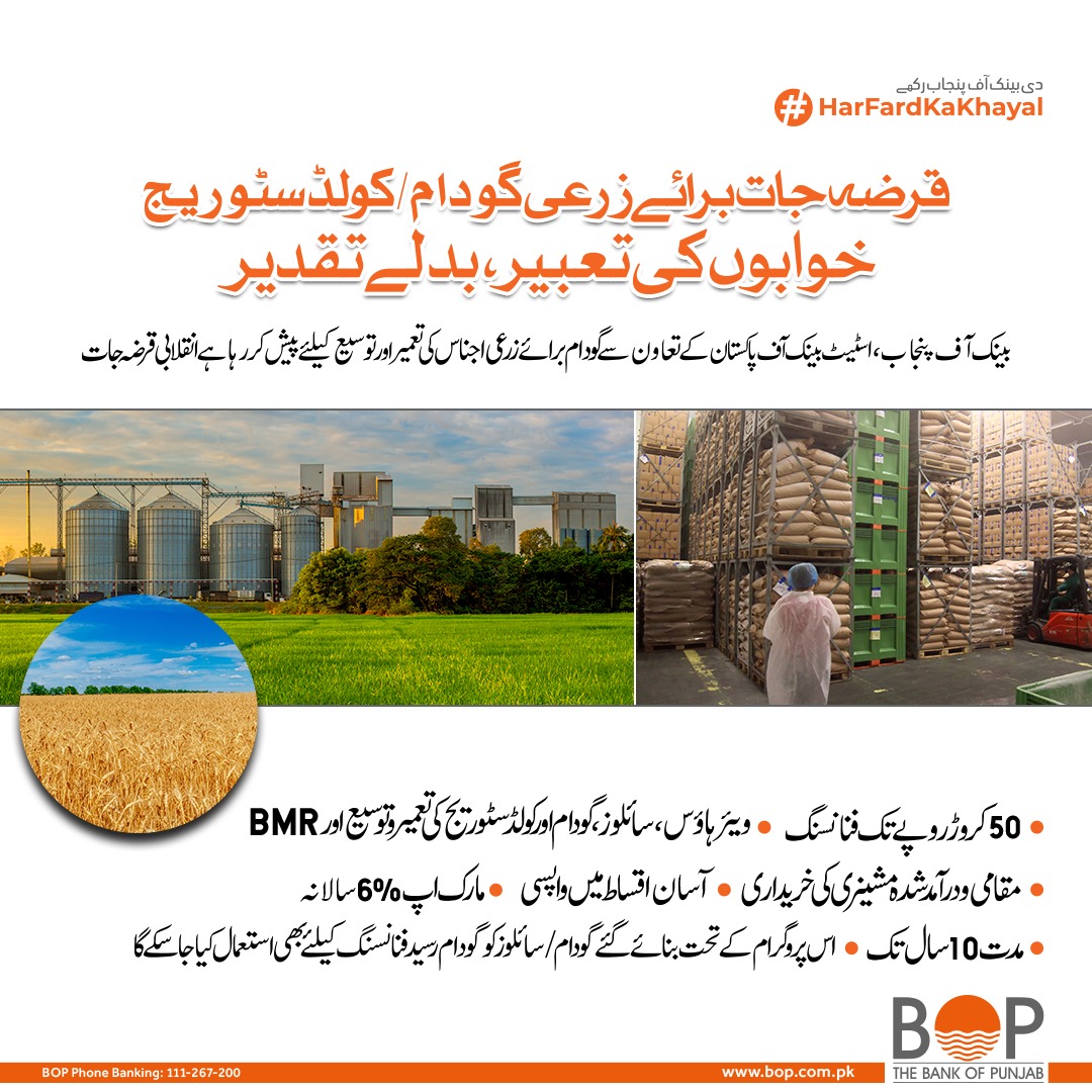thebankofpunjab's tweet photo. The Bank of Punjab brings a revolutionary scheme for Agri-Sector! FFSAP a financing facility for Storage Agricultural Produce scheme that provides loans on low markup rates and easy instalments.

#TheBankOfPunjab #HarFardKaKhayal #AgriFinancing #EWRF #StateBankofPakistan https://t.co/A2gi7dHMEU