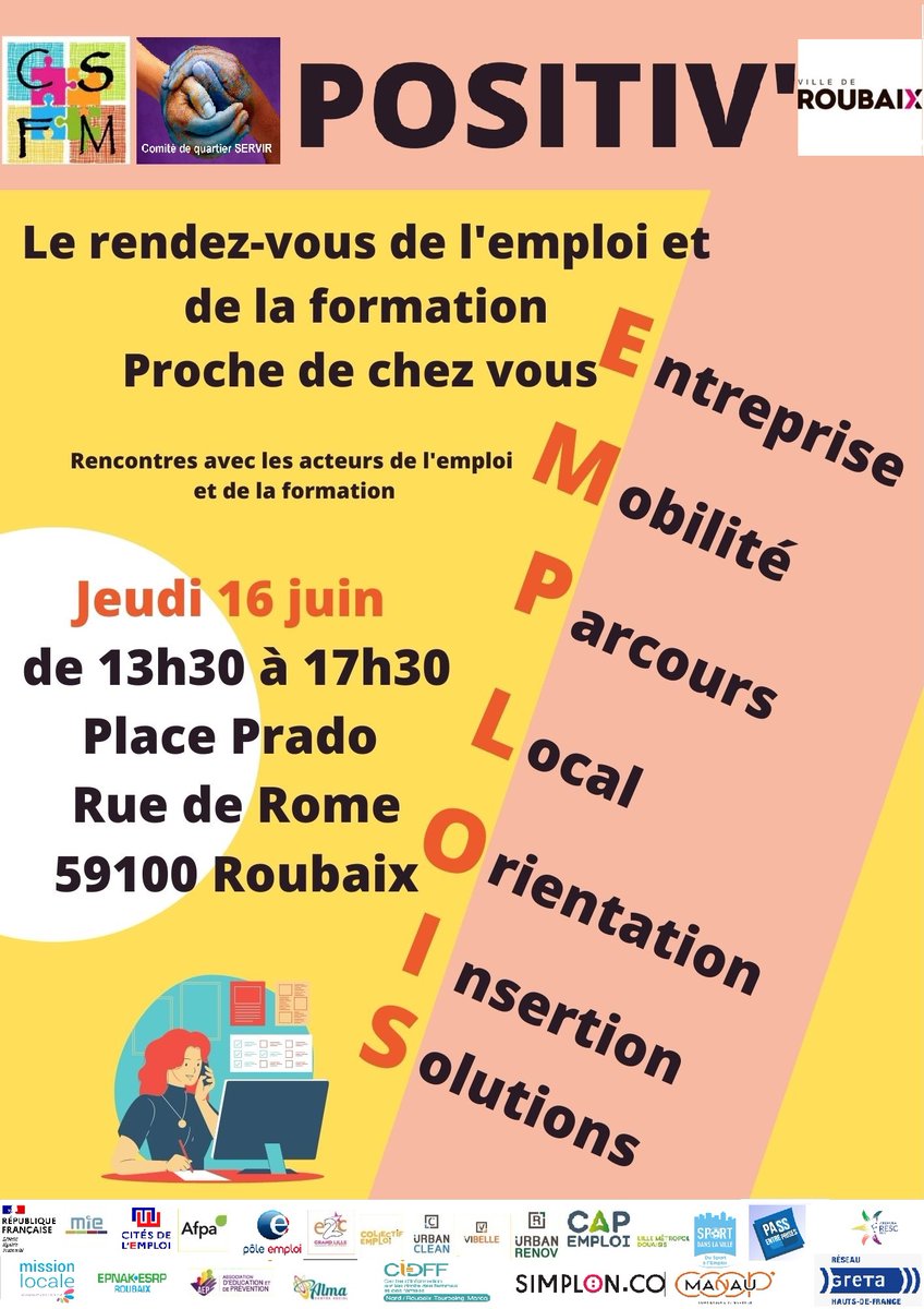 [#SaveTheDate ] 3ème édition du forum Mobile #PositivEmploi au cœur du quartier du Fresnoy Mackellerie 16 Juin- 13h30, place Prado à #Roubaix 
➡️+de 20 partenaires #TousMobilisés pour #Agir au +près des habitants et proposer des solutions adaptées #HorsLesMurs
Faites du bruit! 🔥