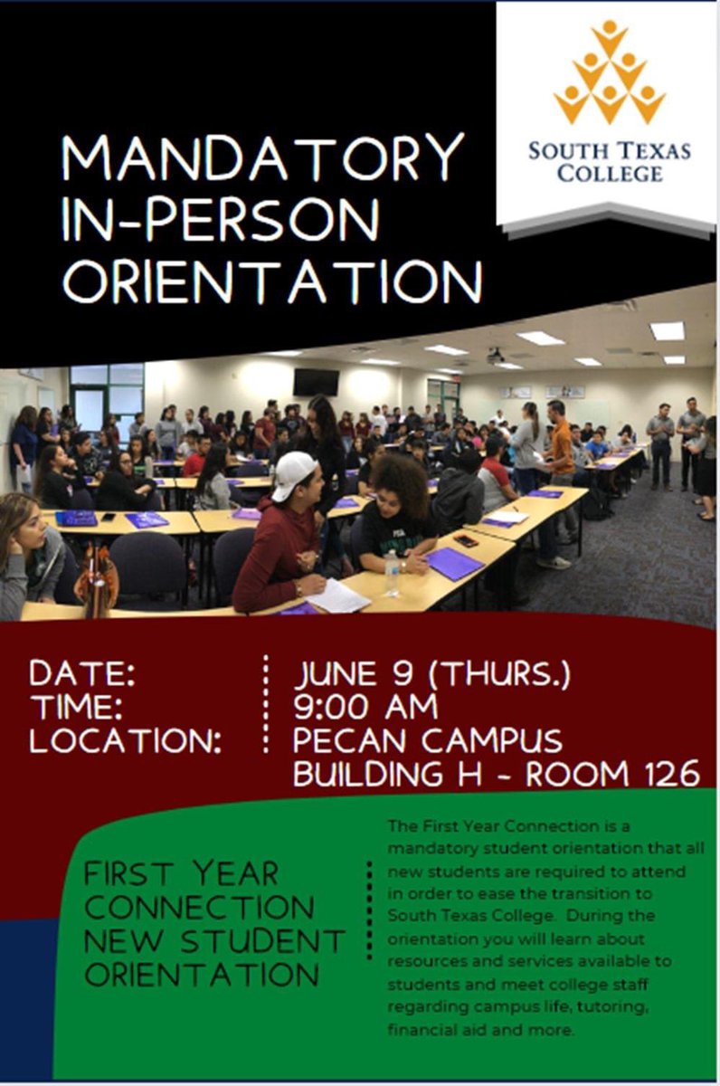 advisorcarrillo's tweet photo. PSJA ISD Class of 2022!  If you are attending South Texas College this Fall 2022, there is a MANDATORY orientation:
Date:  Thursday, June 9th
Time:  9:00 am
Location:  STC Pecan Campus (Building “H”, Room 126) https://t.co/fVXeQBP5wY