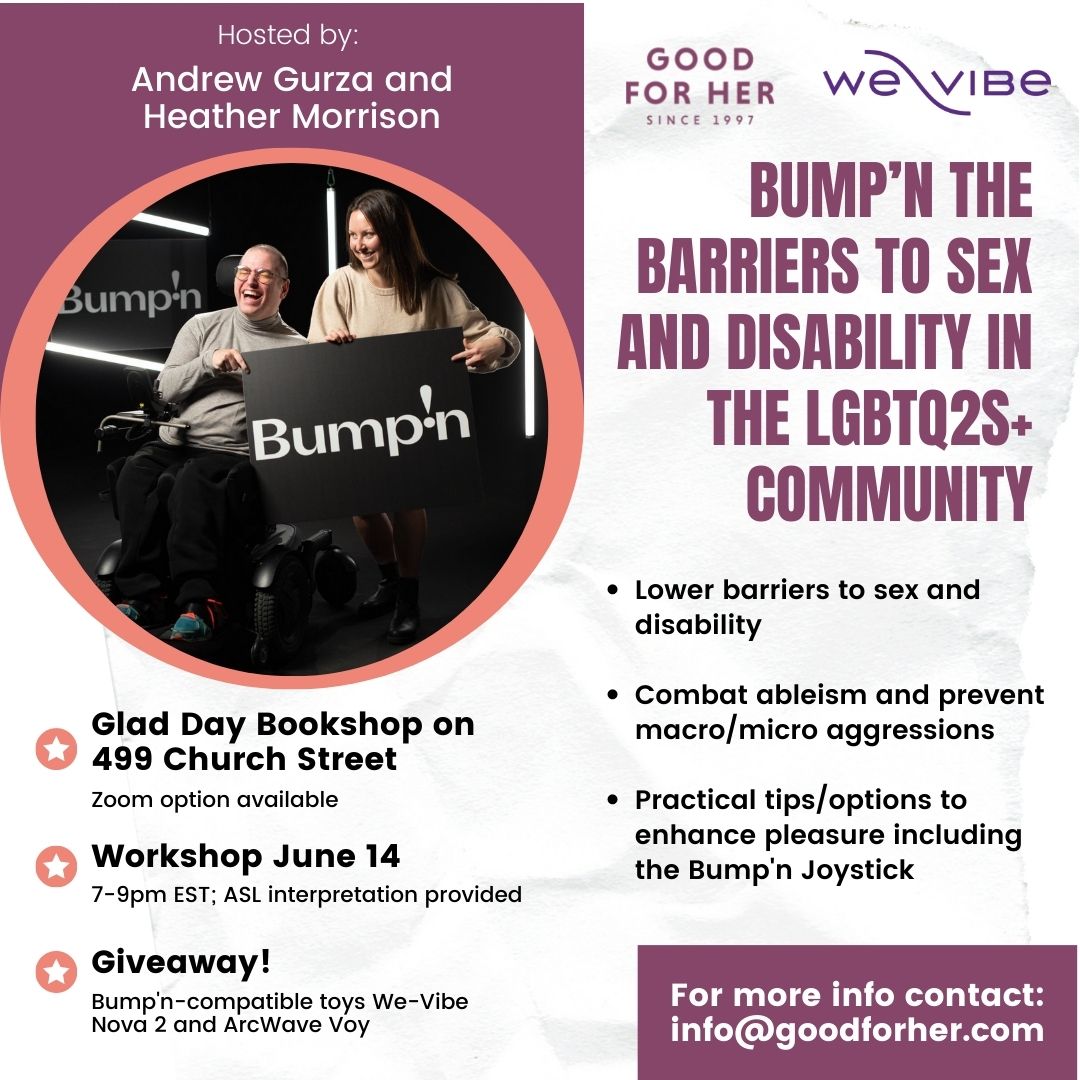 getbumpn's tweet photo. On June 14th we are co-hosting an event w/ the wonderful folks at @goodforher all about sexuality and accessibility and LGBTQ2S identity in Toronto @ @GDBooks. Chat w/ @andrewgurza1 &amp; @hmorrison about the Bump'n Joystick + so much more. https://t.co/4eg4ZIr3Ju