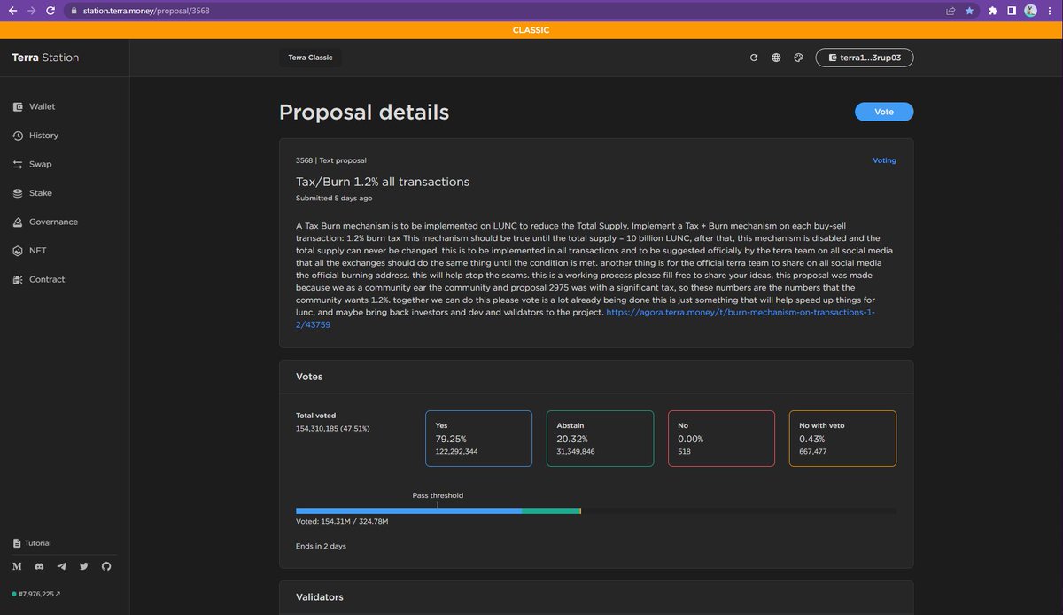 #LUNC BURN TAX 1.2% ON ALL TRANSACTIONS

HAS REACHED QUORUM!!!!!

HUGE SHOUT OUT TO <a href="/orion_money/">Orion</a> !!!

#LunaClassicBurn #LUNAtics 

PLEASE RETWEET THIS OUT! THIS IS TRUE COMMUNITY STRENGTH
