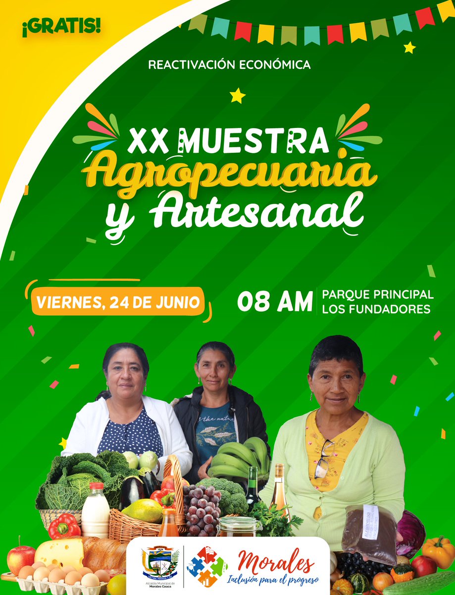 @MoralesCauca invita a organizaciones de base, productores agrícolas y pecuarios, artesanos, emprendimientos y maestros de la gastronomía, para que se vinculen y participen de la XX Muestra Agropecuaria y Artesanal. Inscripciones gratis.